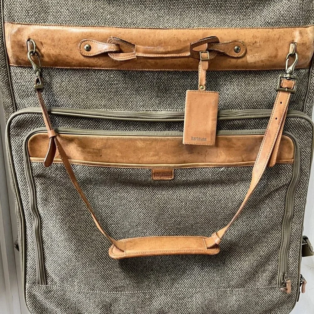 EUC Hartmann Vintage 80s Brown Tweed Garment Bag Leather Trim Travel Luggage